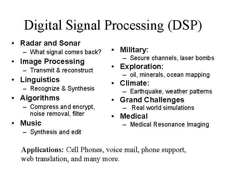 Digital Signal Processing (DSP) • Radar and Sonar – What signal comes back? •