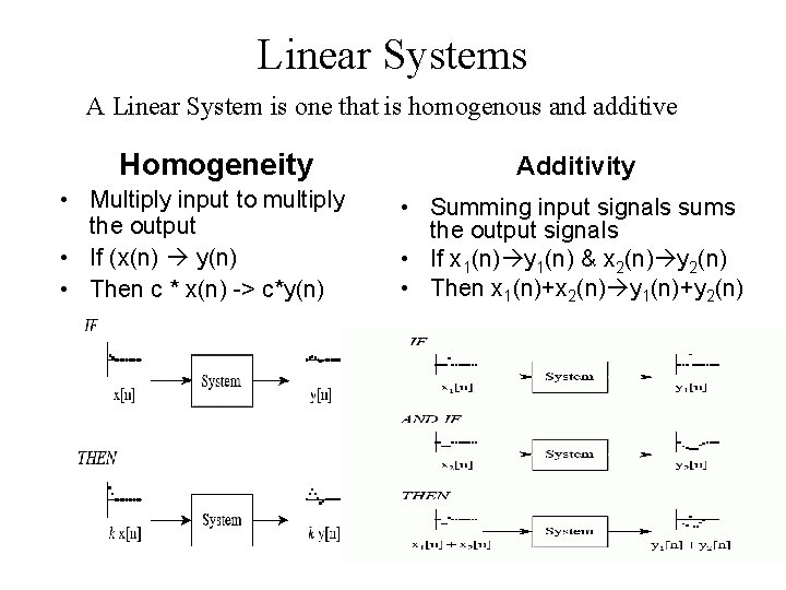 Linear Systems A Linear System is one that is homogenous and additive Homogeneity •