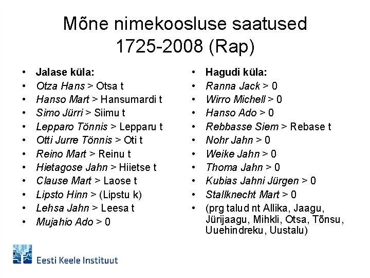 Mõne nimekoosluse saatused 1725 -2008 (Rap) • • • Jalase küla: Otza Hans >