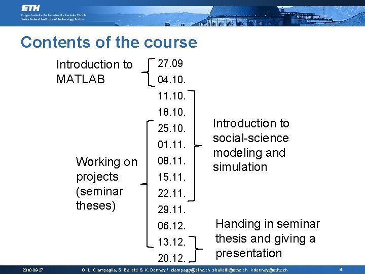 Contents of the course Introduction to MATLAB 27. 09 04. 10. 11. 10. 18.