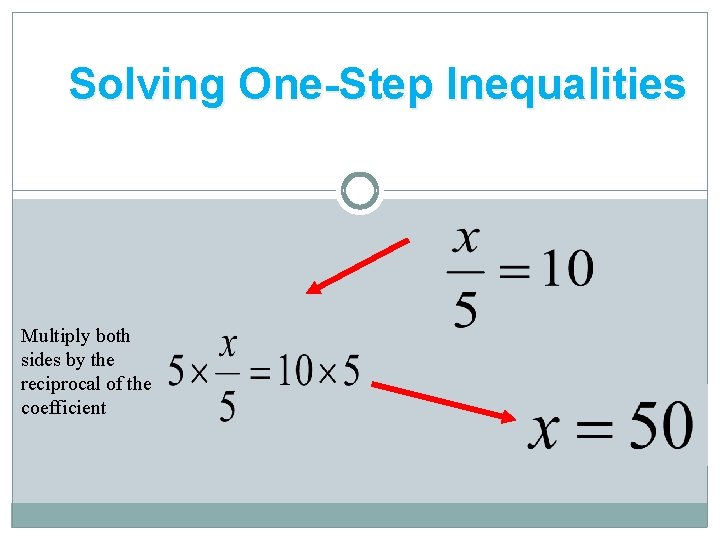 Solving One-Step Inequalities Multiply both sides by the reciprocal of the coefficient 
