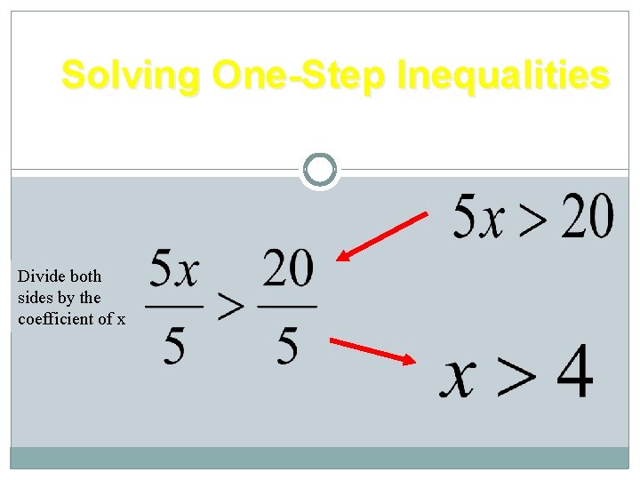 Solving One-Step Inequalities Division Property for Inequalities Divide both sides by the coefficient of