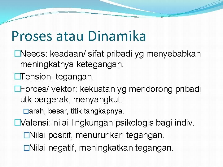 Proses atau Dinamika �Needs: keadaan/ sifat pribadi yg menyebabkan meningkatnya ketegangan. �Tension: tegangan. �Forces/ Proses atau Dinamika �Needs: keadaan/ sifat pribadi yg menyebabkan meningkatnya ketegangan. �Tension: tegangan. �Forces/