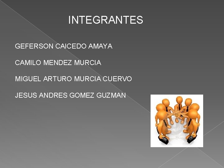 INTEGRANTES GEFERSON CAICEDO AMAYA CAMILO MENDEZ MURCIA MIGUEL ARTURO MURCIA CUERVO JESUS ANDRES GOMEZ INTEGRANTES GEFERSON CAICEDO AMAYA CAMILO MENDEZ MURCIA MIGUEL ARTURO MURCIA CUERVO JESUS ANDRES GOMEZ