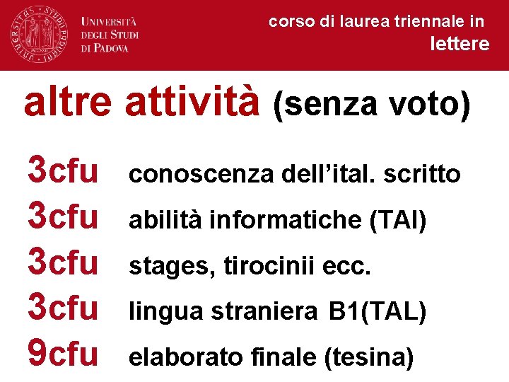 corso di laurea triennale in lettere altre attività (senza voto) 3 cfu 9 cfu