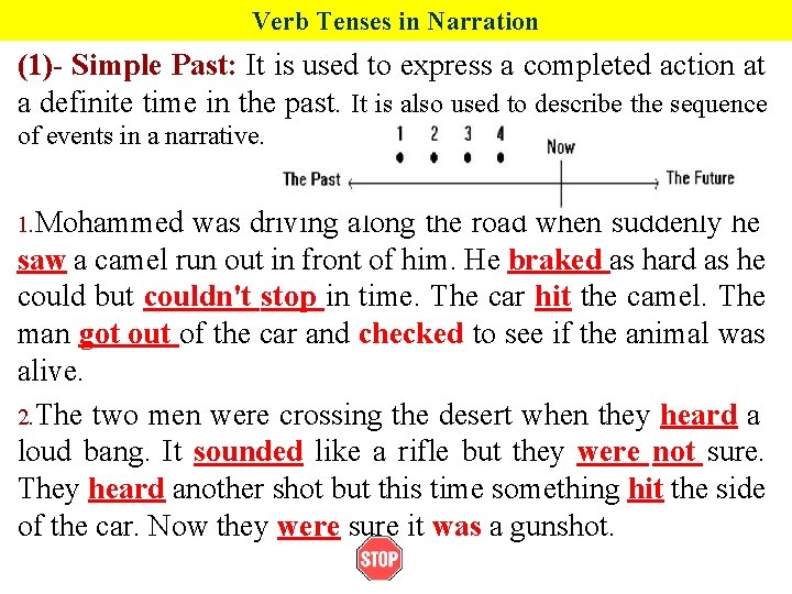 Verb Tenses in Narration (1)- Simple Past: It is used to express a completed