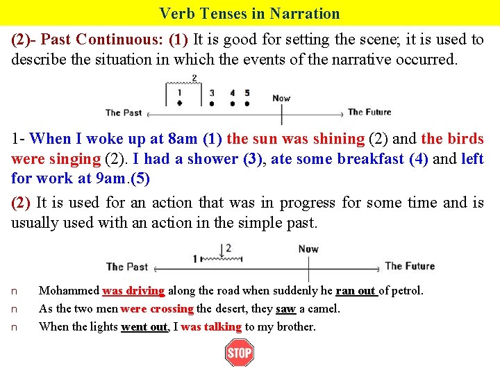 Verb Tenses in Narration (2)- Past Continuous: (1) It is good for setting the