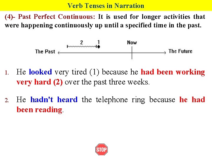 Verb Tenses in Narration (4)- Past Perfect Continuous: It is used for longer activities