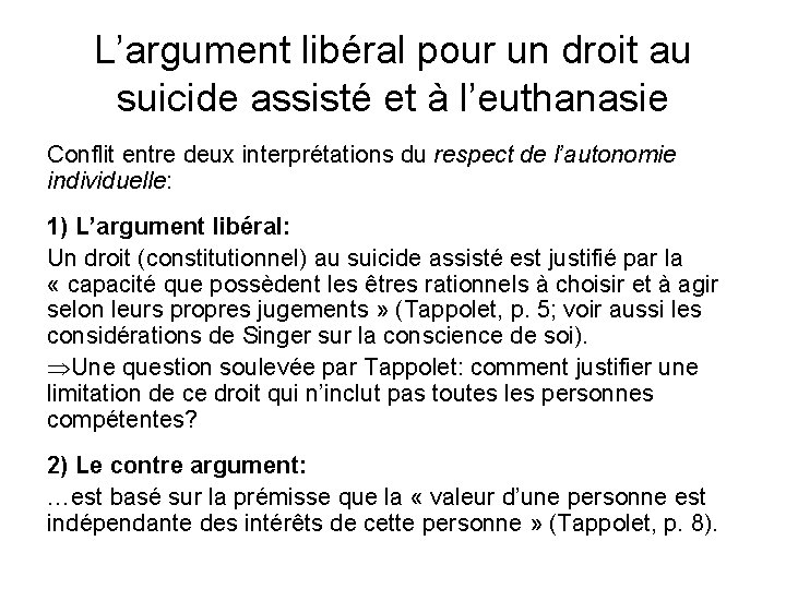 L’argument libéral pour un droit au suicide assisté et à l’euthanasie Conflit entre deux