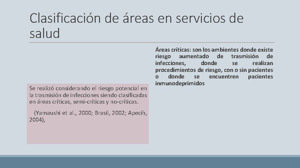 Clasificación de áreas en servicios de salud Se realizó considerando el riesgo potencial en