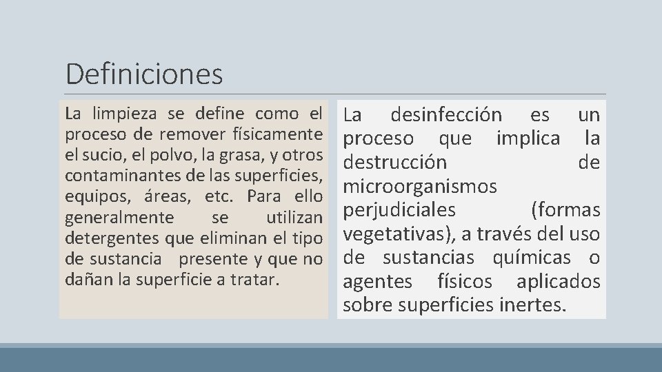 Definiciones La limpieza se define como el proceso de remover físicamente el sucio, el