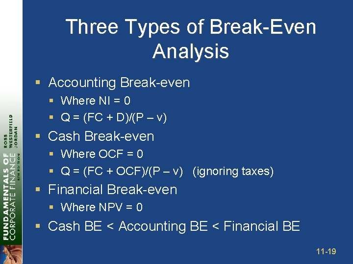 Three Types of Break-Even Analysis § Accounting Break-even § Where NI = 0 §
