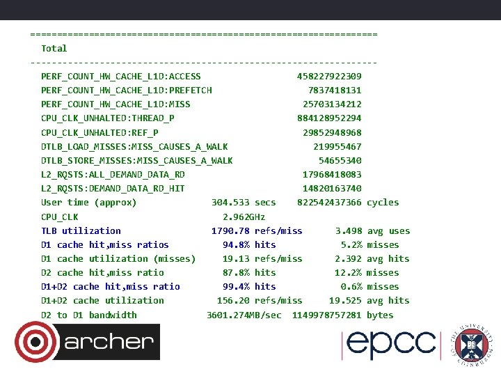 ================================= Total --------------------------------PERF_COUNT_HW_CACHE_L 1 D: ACCESS 458227922309 PERF_COUNT_HW_CACHE_L 1 D: PREFETCH 7837418131 PERF_COUNT_HW_CACHE_L 1