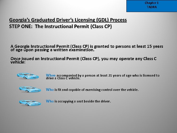 Chapter 1 TADRA A Georgia Instructional Permit (Class CP) is granted to persons at