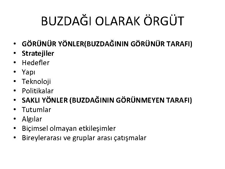 BUZDAĞI OLARAK ÖRGÜT • • • GÖRÜNÜR YÖNLER(BUZDAĞININ GÖRÜNÜR TARAFI) Stratejiler Hedefler Yapı Teknoloji