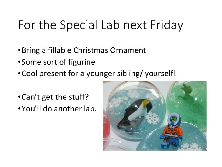 For the Special Lab next Friday • Bring a fillable Christmas Ornament • Some