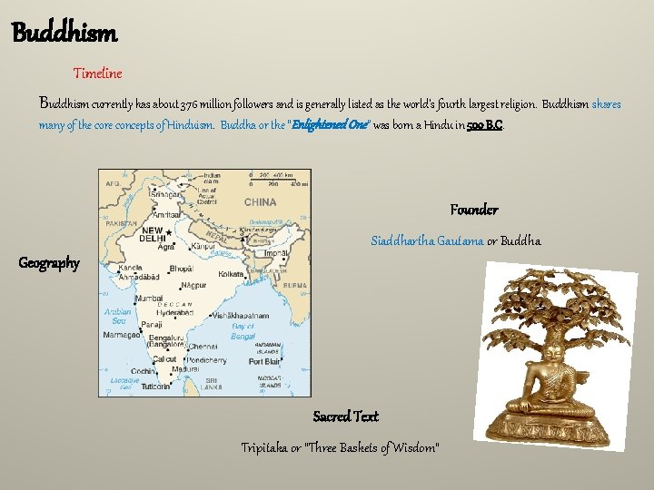 Buddhism Timeline Buddhism currently has about 376 million followers and is generally listed as