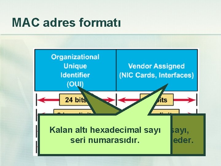 MAC adres formatı Kalan altı İlk hexadecimal altı hexadecimal sayı, seriüretici numarasıdır. kodunu temsil