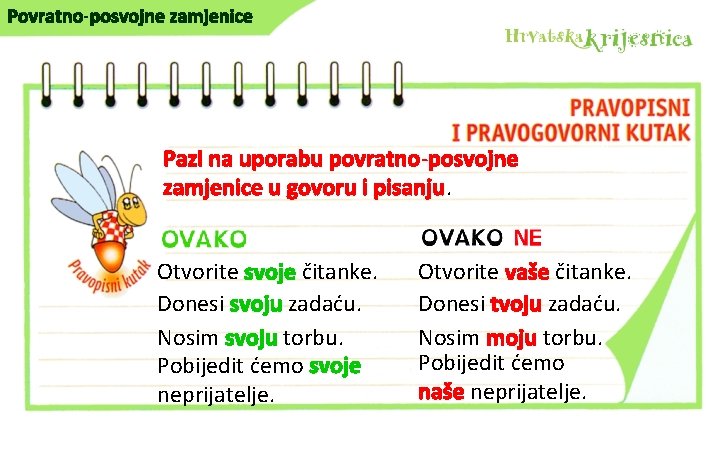 Povratno-posvojne zamjenice Pazi na uporabu povratno-posvojne zamjenice u govoru i pisanju. Otvorite svoje čitanke.