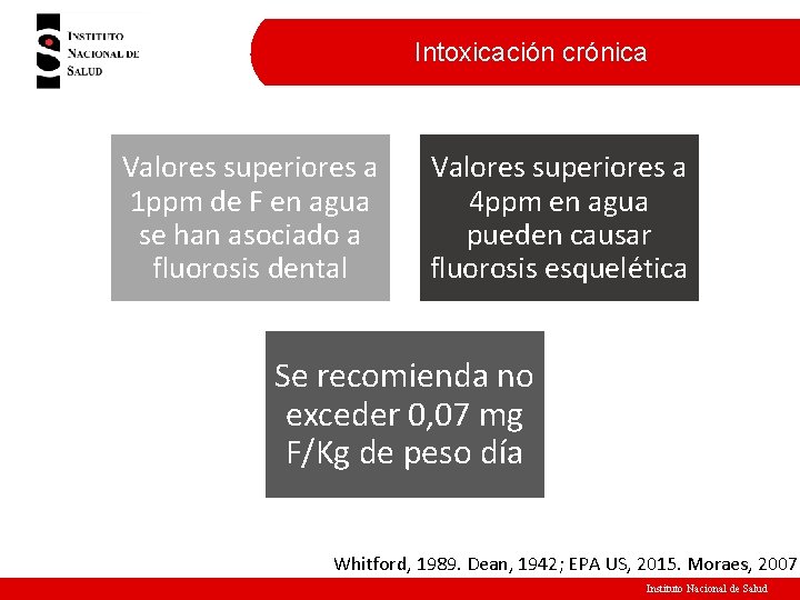Intoxicación crónica Valores superiores a 1 ppm de F en agua se han asociado Intoxicación crónica Valores superiores a 1 ppm de F en agua se han asociado