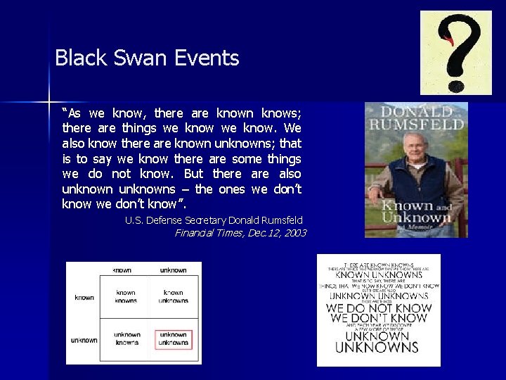 Black Swan Events “As we know, there are known knows; there are things we