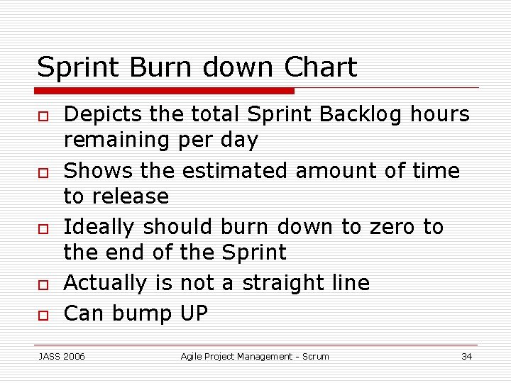 Sprint Burn down Chart o o o Depicts the total Sprint Backlog hours remaining