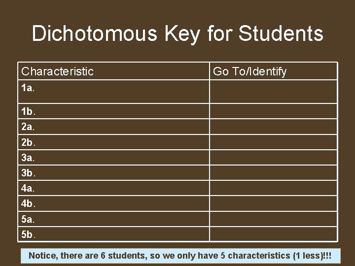 Dichotomous Key for Students Characteristic Go To/Identify 1 a. 1 b. 2 a. 2