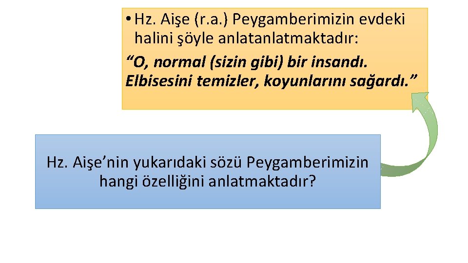  • Hz. Aişe (r. a. ) Peygamberimizin evdeki halini şöyle anlatmaktadır: “O, normal