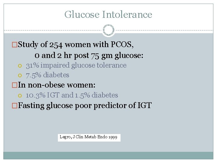 Glucose Intolerance �Study of 254 women with PCOS, 0 and 2 hr post 75