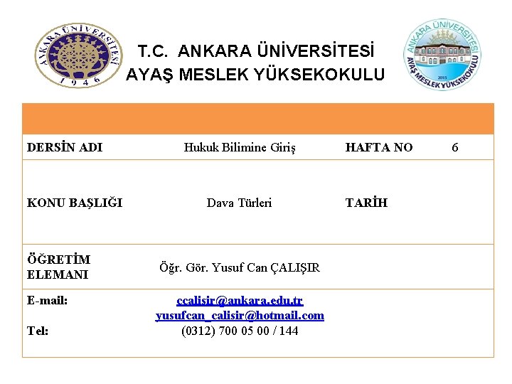 T. C. ANKARA ÜNİVERSİTESİ AYAŞ MESLEK YÜKSEKOKULU DERSİN ADI KONU BAŞLIĞI ÖĞRETİM ELEMANI E-mail: