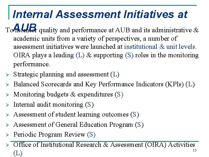 Internal Assessment Initiatives at To. AUB monitor quality and performance at AUB and its Internal Assessment Initiatives at To. AUB monitor quality and performance at AUB and its