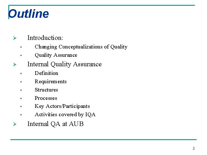 Outline Introduction: Ø § § Internal Quality Assurance Ø § § § Ø Changing Outline Introduction: Ø § § Internal Quality Assurance Ø § § § Ø Changing