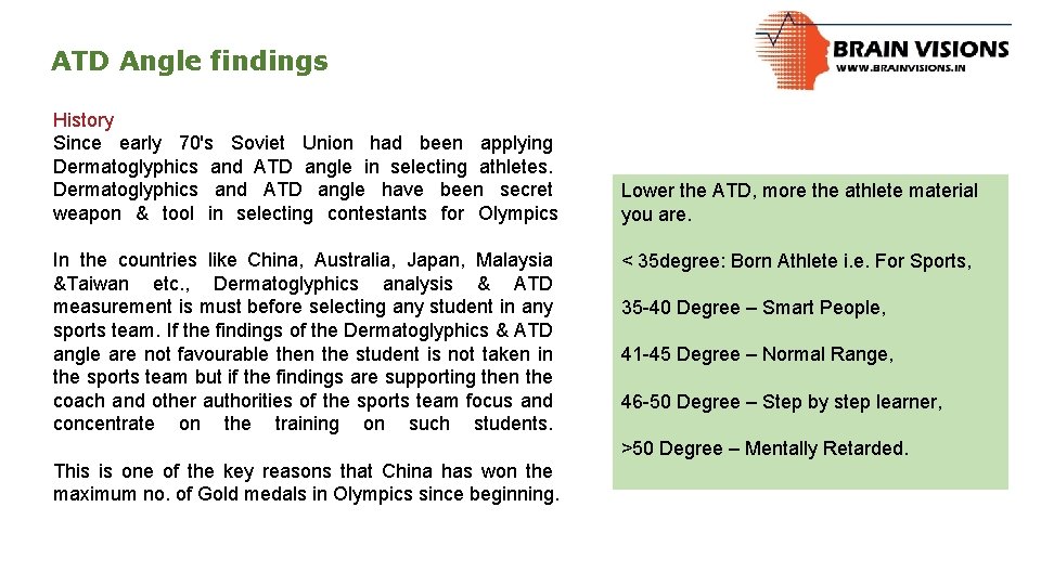 ATD Angle findings History Since early 70's Soviet Union had been applying Dermatoglyphics and