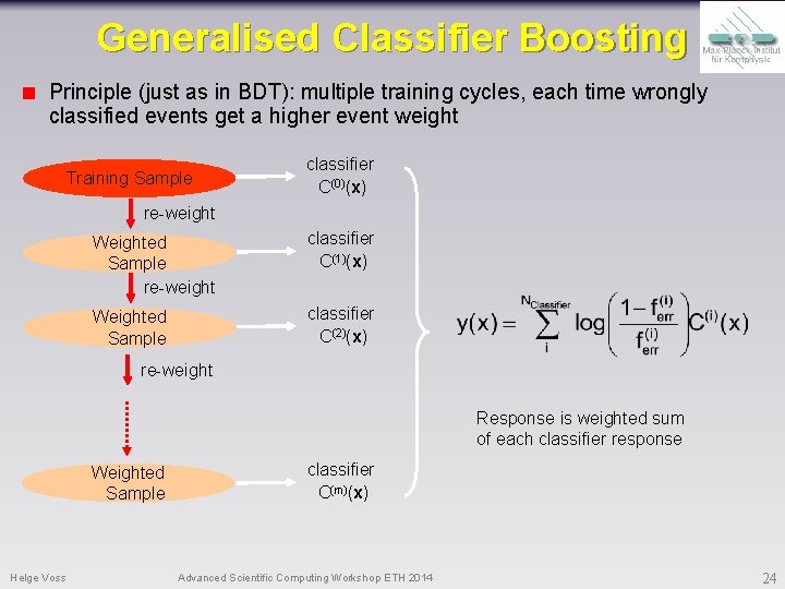 Generalised Classifier Boosting Principle (just as in BDT): multiple training cycles, each time wrongly