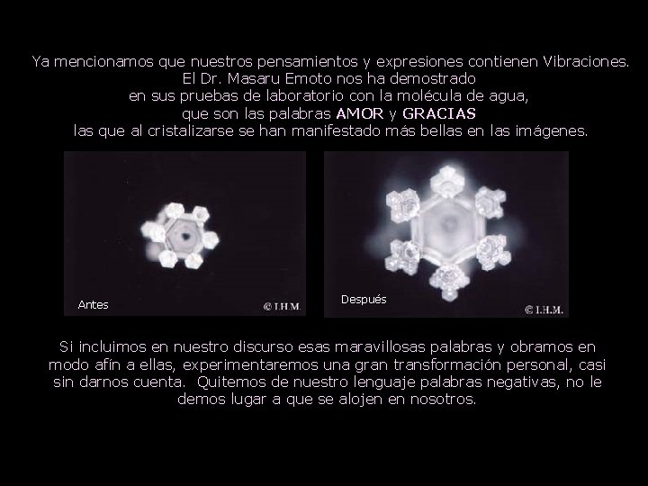 Ya mencionamos que nuestros pensamientos y expresiones contienen Vibraciones. El Dr. Masaru Emoto nos