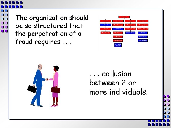 The organization should be so structured that the perpetration of a fraud requires. .