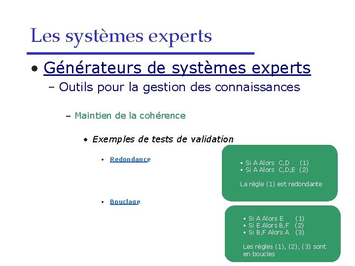 Les systèmes experts • Générateurs de systèmes experts – Outils pour la gestion des