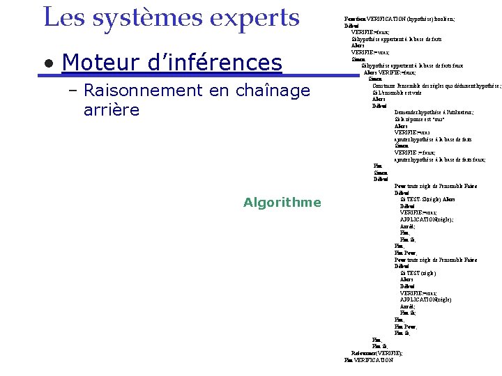 Les systèmes experts • Moteur d’inférences – Raisonnement en chaînage arrière Algorithme Fonction VERIFICATION