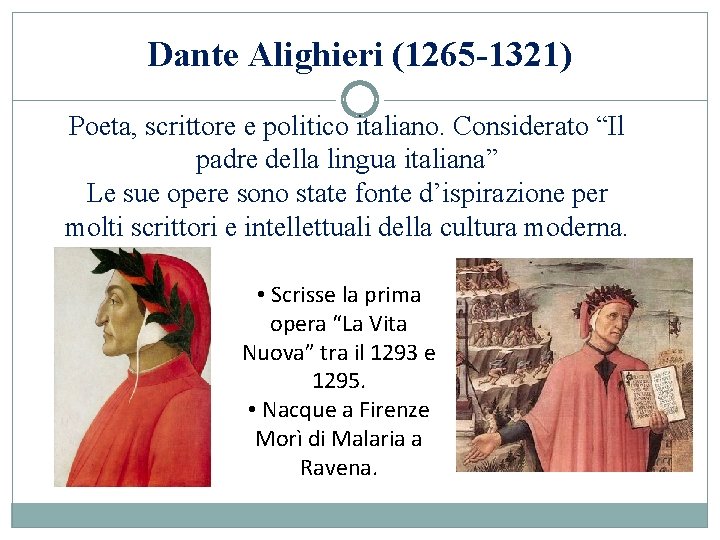 Dante Alighieri (1265 -1321) Poeta, scrittore e politico italiano. Considerato “Il padre della lingua