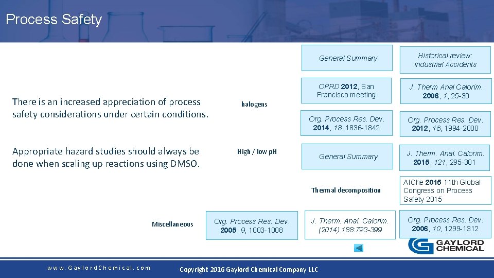 Process Safety There is an increased appreciation of process safety considerations under certain conditions.