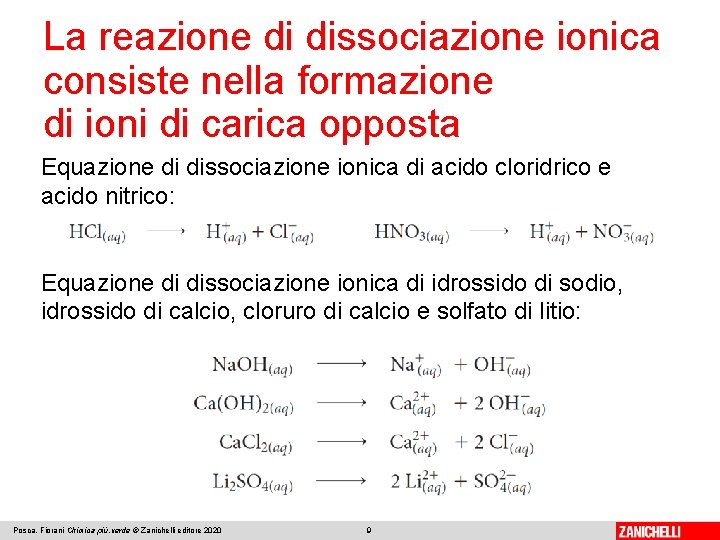 La reazione di dissociazione ionica consiste nella formazione di ioni di carica opposta Equazione