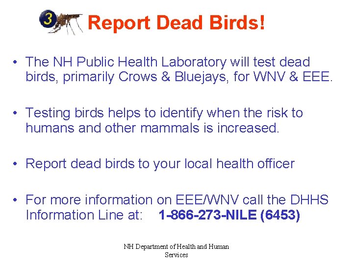 Report Dead Birds! • The NH Public Health Laboratory will test dead birds, primarily