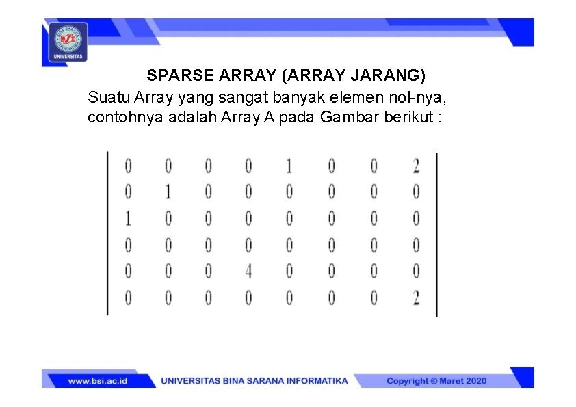 SPARSE ARRAY (ARRAY JARANG) Suatu Array yang sangat banyak elemen nol-nya, contohnya adalah Array