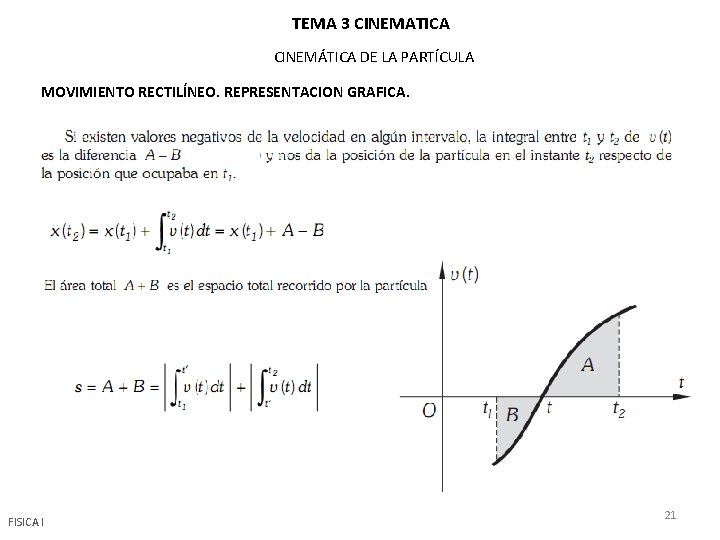 TEMA 3 CINEMATICA CINEMÁTICA DE LA PARTÍCULA MOVIMIENTO RECTILÍNEO. REPRESENTACION GRAFICA. FISICA I 21