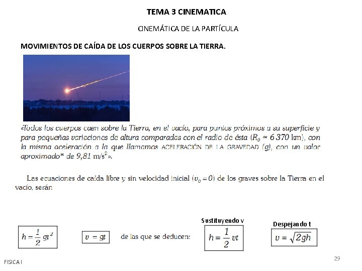 TEMA 3 CINEMATICA CINEMÁTICA DE LA PARTÍCULA MOVIMIENTOS DE CAÍDA DE LOS CUERPOS SOBRE