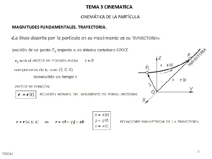 TEMA 3 CINEMATICA CINEMÁTICA DE LA PARTÍCULA MAGNITUDES FUNDAMENTALES. TRAYECTORIA. FISICA I 3 