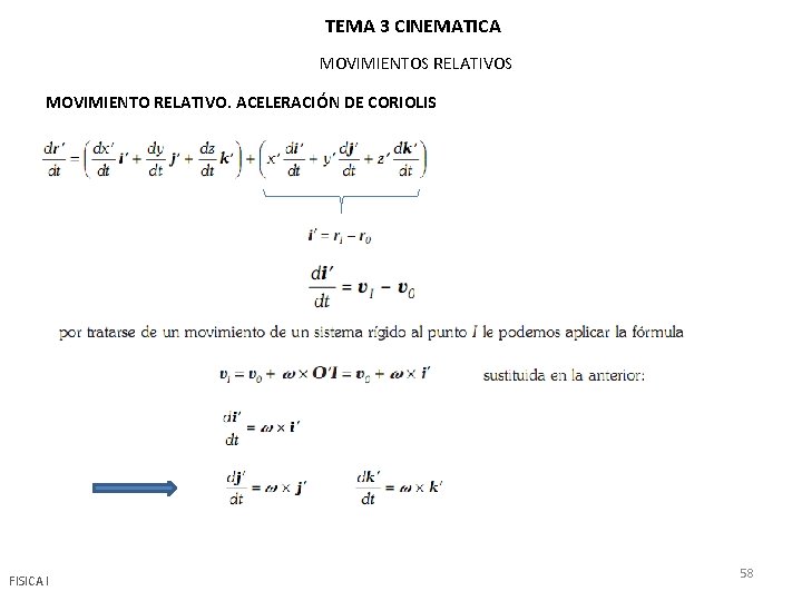 TEMA 3 CINEMATICA MOVIMIENTOS RELATIVOS MOVIMIENTO RELATIVO. ACELERACIÓN DE CORIOLIS FISICA I 58 