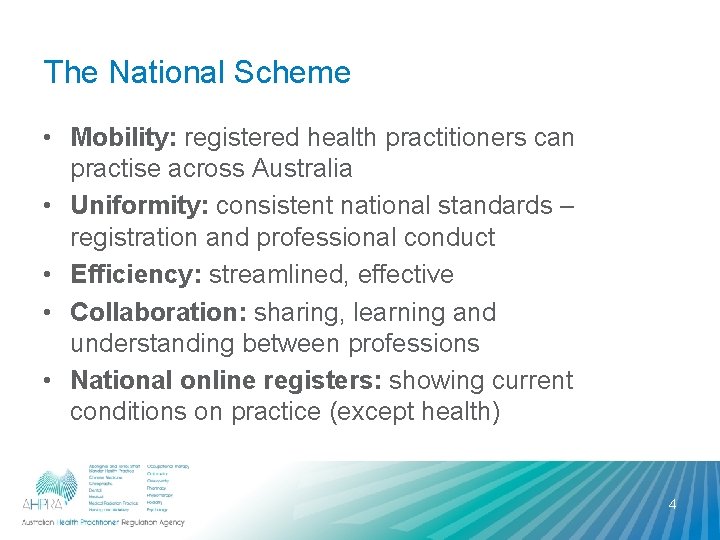 The National Scheme • Mobility: registered health practitioners can practise across Australia • Uniformity: The National Scheme • Mobility: registered health practitioners can practise across Australia • Uniformity: