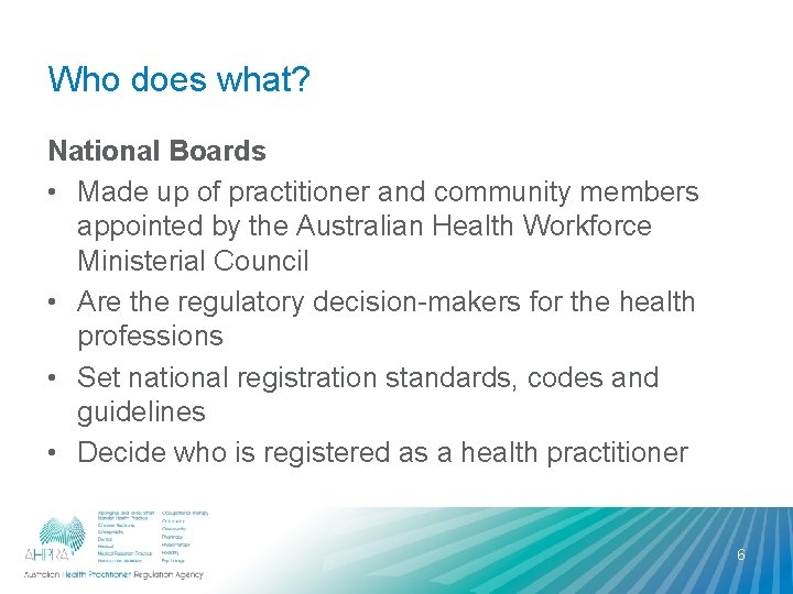 Who does what? National Boards • Made up of practitioner and community members appointed Who does what? National Boards • Made up of practitioner and community members appointed