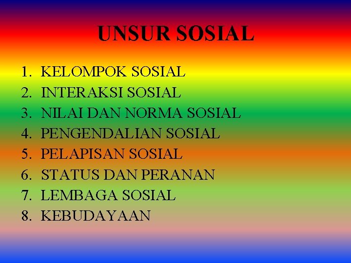 UNSUR SOSIAL 1. 2. 3. 4. 5. 6. 7. 8. KELOMPOK SOSIAL INTERAKSI SOSIAL UNSUR SOSIAL 1. 2. 3. 4. 5. 6. 7. 8. KELOMPOK SOSIAL INTERAKSI SOSIAL